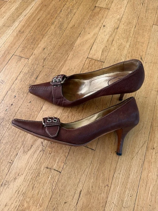 Prada Brown Pointed Toe Leather Buckle Pumps - Picture 4 of 5